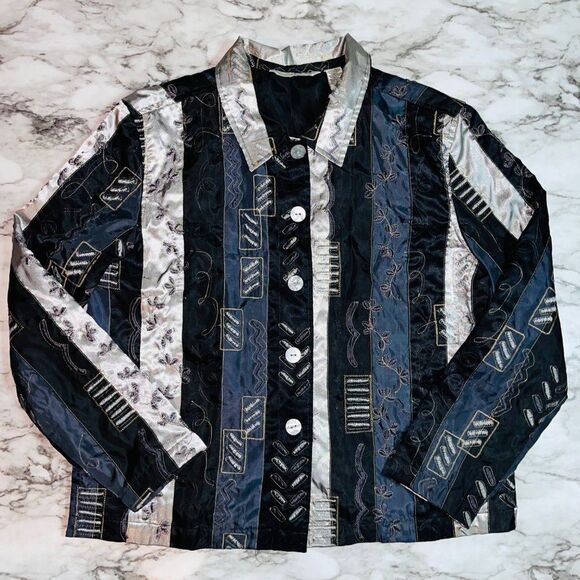 French Laundry Jackets & Blazers - French Laundry Blazer Paneled Striped Vintage Silver Grey Women L Business Art